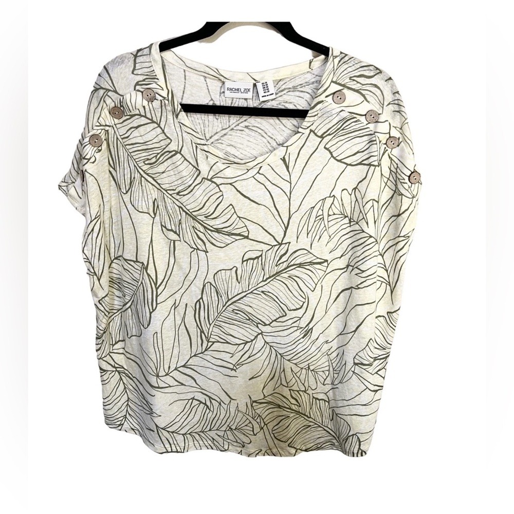 Rachel Zoe 1X Knit Linen Button Sleeve Top 1X Yellow White Green Leaf Botanical